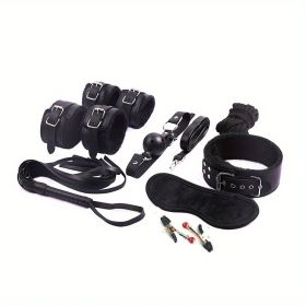 BDSM Bondage Set; Erotic Bed Games; Adults Handcuffs; Nipple Clamps; Whip Spanking Anal Plug Vibrator SM Kit; Sex Toys For Couples (Color: BLACK)